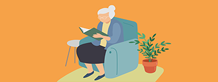An illustration of a white-haired woman sitting in a comfortable chair while reading a book