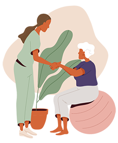 illustration of a caregiver helping a person on an exercise ball